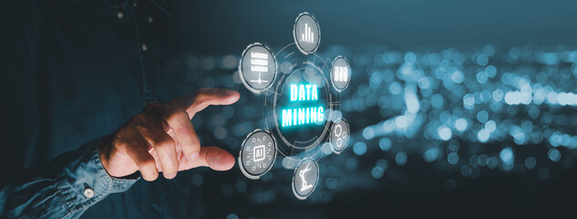 Data mining banner web icon for business and organization, Businessman hand touching data mining...