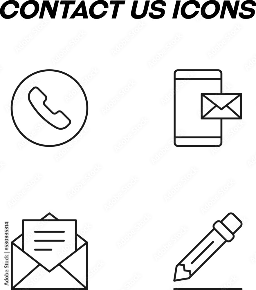 Sticker simple monochrome signs drawn with black thin line. vector line icon set with symbols of cellphone, 