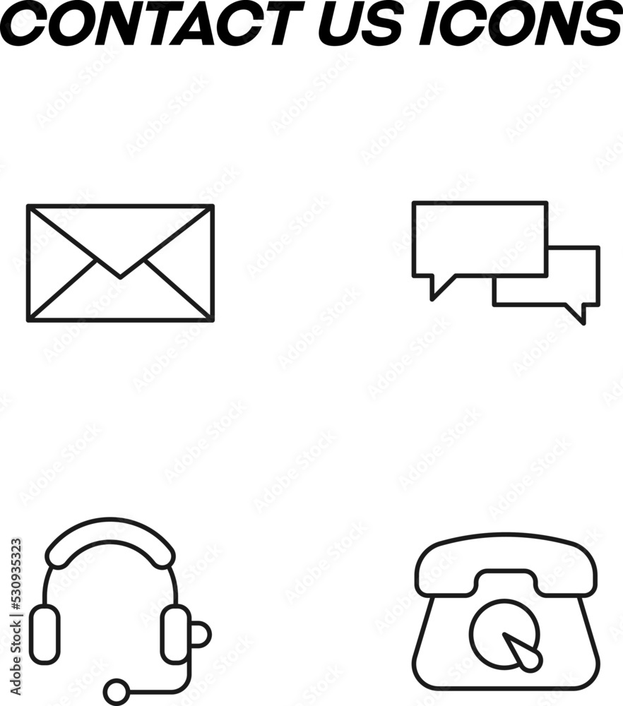 Sticker simple monochrome signs drawn with black thin line. vector line icon set with symbols of envelop, sp