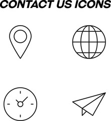 Simple monochrome signs drawn with black thin line. Vector line icon set with symbols of geo tag, globe, timer, paper airplane