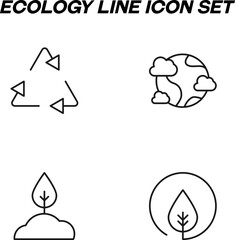 Simple monochrome signs drawn with black thin line. Vector line icon set with symbols of recycle of waste, earth planet, tree, forest, ecology, nature