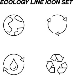 Simple monochrome signs drawn with black thin line. Vector line icon set with symbols of recycle of resources, water, ecology, nature, planet