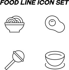 Simple monochrome signs drawn with black thin line. Vector line icon set with symbols of noodles, omelet, lollipop, candy, bowl for soup