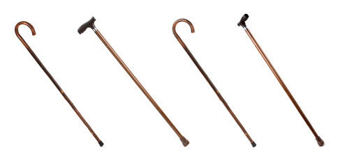 Set with elegant wooden walking canes on white background. Banner design