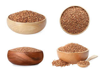 Set with bowls of buckwheat grains on white background