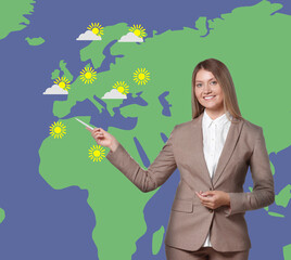 Beautiful woman near virtual screen with map that demonstrating weather forecast in different...