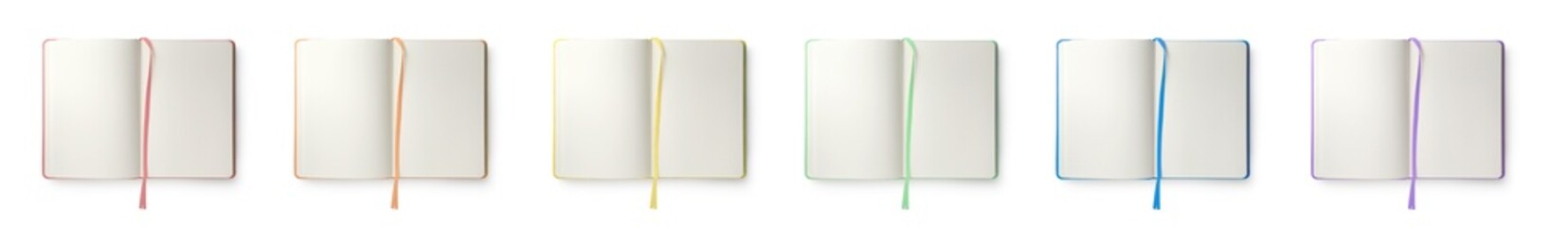 Set with different open notebooks with blank sheets on white background, top view. Banner design