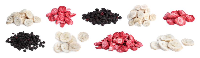 Set with different freeze dried berries and bananas on white background. Banner design