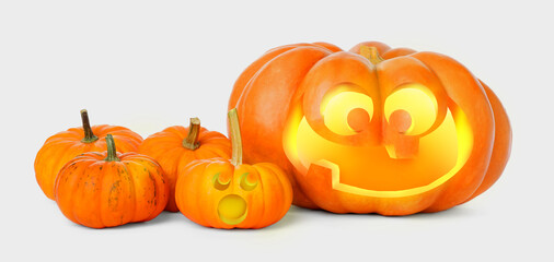 Spooky jack o`lanterns on white background, banner design. Halloween decor