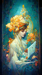 Beautiful woman illustration with glowing blue screen and orange florals