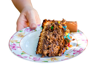 Woman delivering piece of chocolate cake.