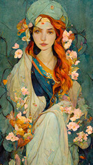 Beautiful redhead woman abstract painting with floral elements