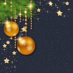 Christmas and New Year vector background with golden stars, glitter effect and winter decor