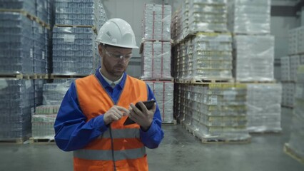 Professional warehouse worker inspecting the stocked supply at a plant. Professional warehouse worker controlling the shipment transportation. Professional warehouse worker checking the stored items.