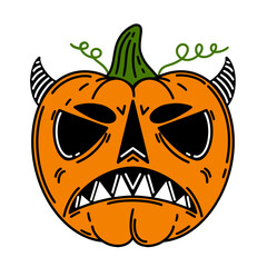 Halloween pumpkin vector icon. Jack lantern isolated on white. Scary creepy face on a vegetable. Demon with horns, terrible smile. Autumn holiday symbol.Flat cartoon clipart for cards, posters, print