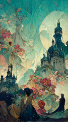Painting of a lovely fairytale tower with flowers