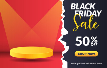 black friday sale banner template in paper effect background design and realistic 3d podium