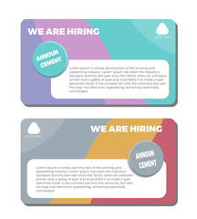 Hiring recruitment open vacancy design info label banner template. We are hiring announcement vector illustration isolated on set different background