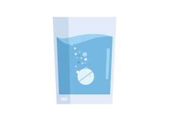 Effervescent pill dissolving into a cup of water. Simple flat illustration.