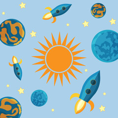 Fototapeta na wymiar Сute space in light colors with rockets, planets, stars and sun