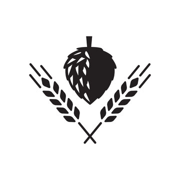 Black and white icon of hops and pair of wheat starches	