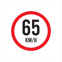 Isolated Road Maximum Speed limit sign 65 kmh sign icon on white background vector illustration.