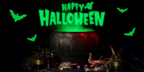 Witch's cauldron with potion and magic attributes for ritual on dark background. Happy Halloween