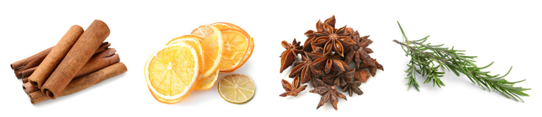 Collage of aromatic ingredients for mulled wine on white background