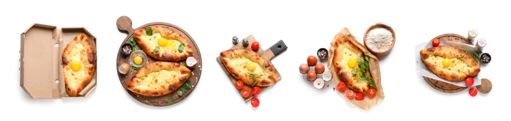 Set of tasty Ajarian khachapuri isolated on white, top view