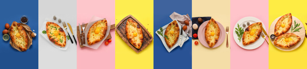 Collage with many tasty Ajarian khachapuri, top view
