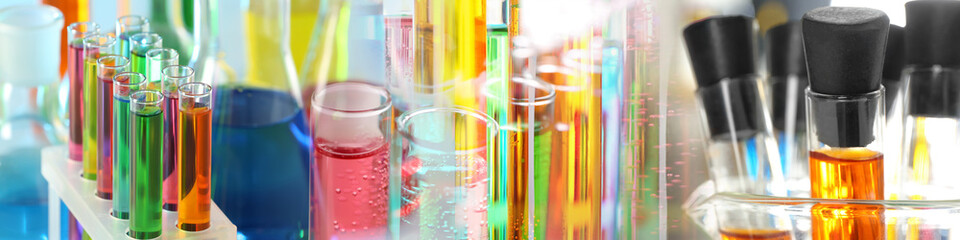 Collage with many laboratory test tubes, closeup