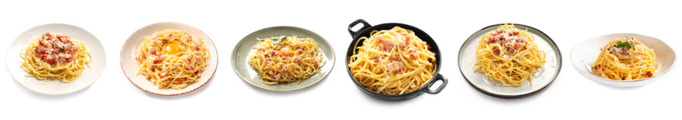 Plates with tasty pasta carbonara on white background