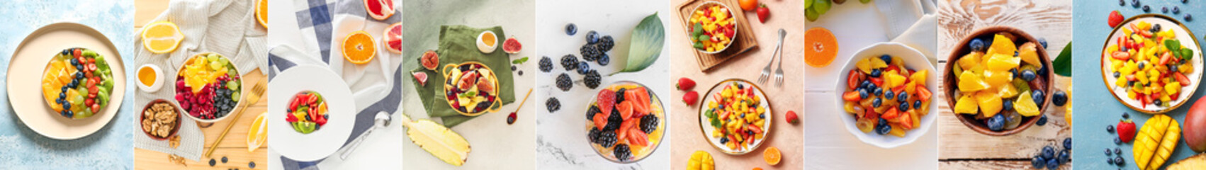 Set of juicy fruit salads, top view