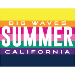 Illustration vector beach design with lines and text Big waves summer california, spring colors.