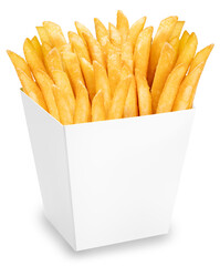 French fries in paper bucket isolated on white background, French fries on white With clipping path.