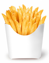 French fries in paper bucket isolated on white background, French fries on white With clipping path.
