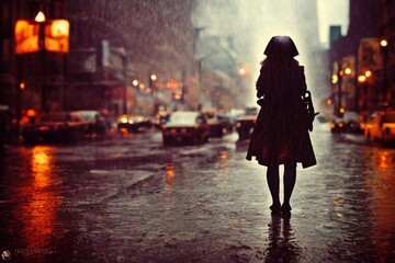 woman standing in nyc rain with umbrella illustration