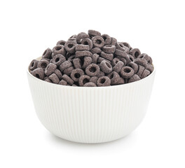 Bowl with tasty black cereal rings on white background