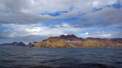 Mountains covered in lush vegetation near Jason Harbor, in South Georgia Island