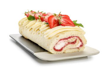 Plate with tasty strawberry roll cake isolated on white background