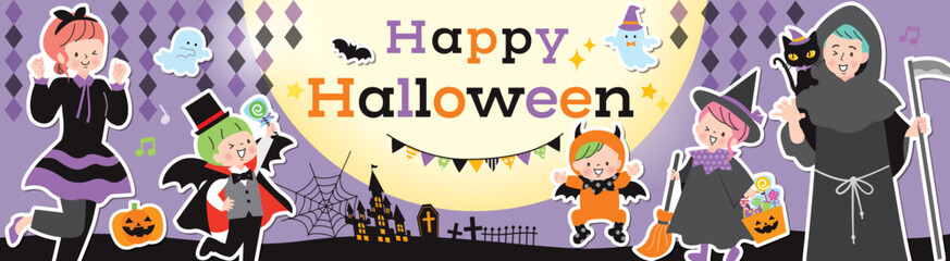 ハロウィンの仮装をした家族　バナー素材