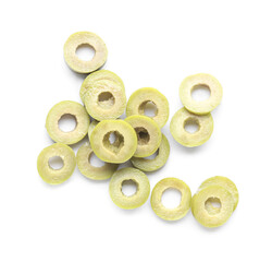 Slices of tasty green olives isolated on white background