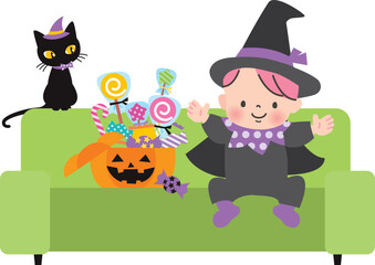 魔女の仮装をした赤ちゃんと沢山のお菓子