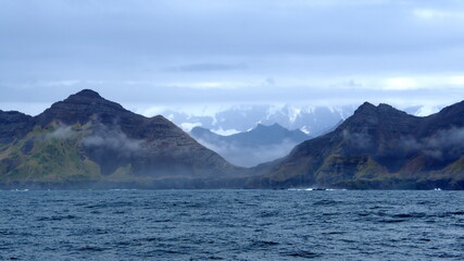 Snow capped mountains near Jason Harbor, in South Georgia Island