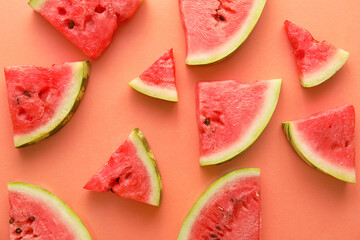 Slices of watermelon on color background