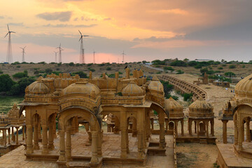 Fototapeta Beautiful sunset at Bada Bagh or Barabagh, means Big Garden,is a garden complex in Jaisalmer, Rajasthan, India, Royal cenotaphs for memories of Kings of Jaisalmer state. Tourist attraction. obraz