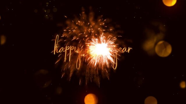 Happy New year  effect Cinematic Title Trailer animation golden shine flickering text on black background with firework bokeh and flare light. 