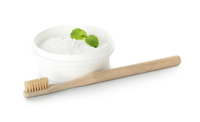 Bowl of tooth powder with mint and brush on white background
