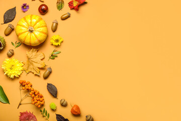 Beautiful autumn composition with natural forest decor on color background