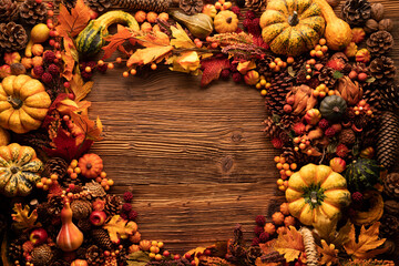 Naklejka na ściany i meble Autumn composition on a rustic wooden background. Decorative pumpkins, various leaves, pine cones, nuts. Orange, yellow, red and brown aesthetics. 